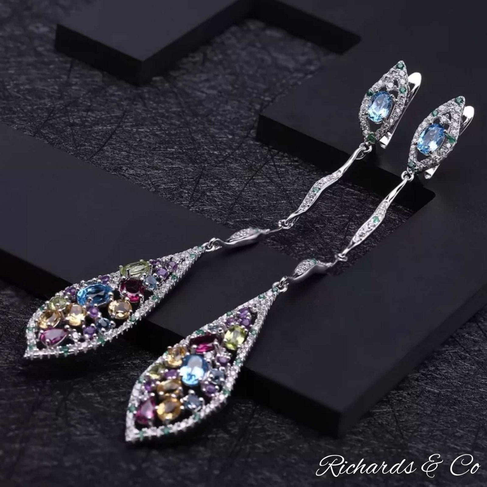 BEDLAM BEAUTY multi-colour natural gemstone silver long drop earrings with Swiss blue topaz and emerald accents