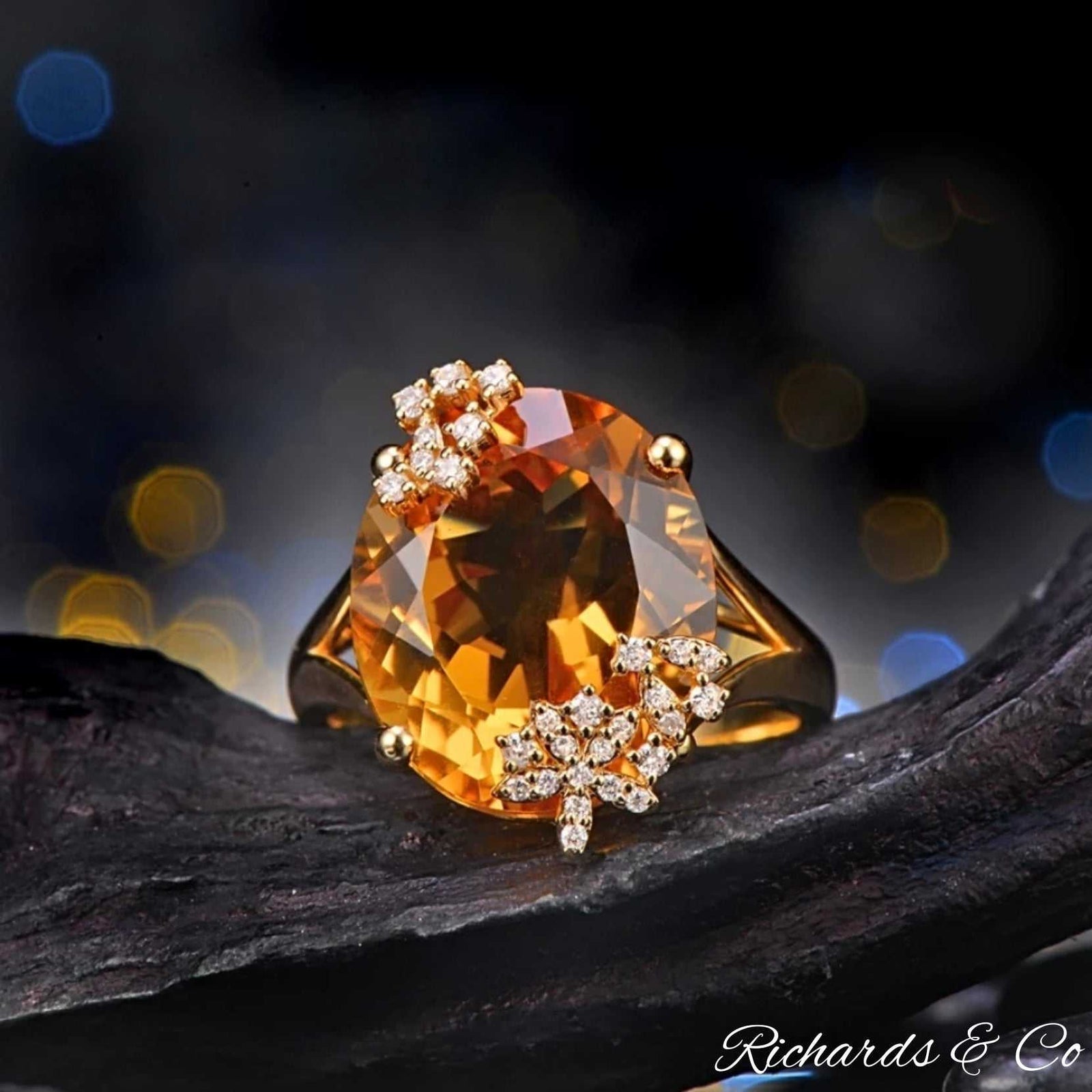 14K yellow gold ring with natural 10.19ct citrine and 0.18ct diamond pave setting
