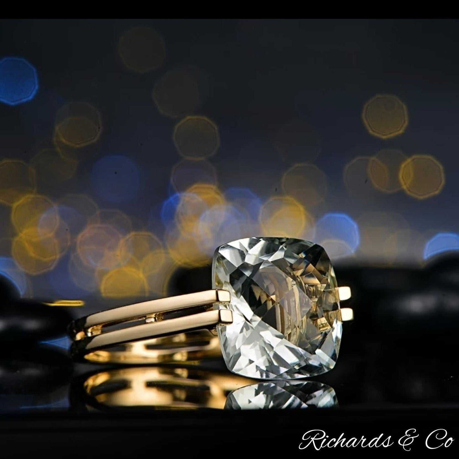 14K yellow gold green amethyst ring with cushion cut gemstone and prong setting