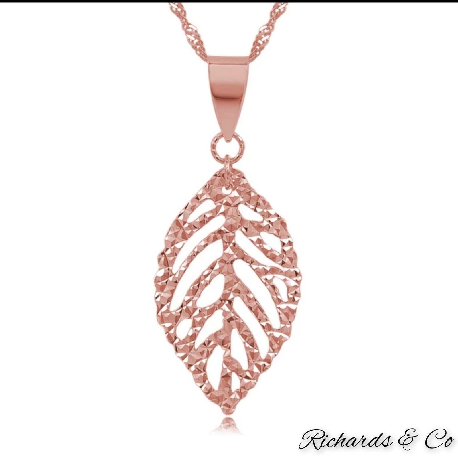 Rose gold solid 18K gold leaf design necklace pendant handcrafted detailed fine jewelry