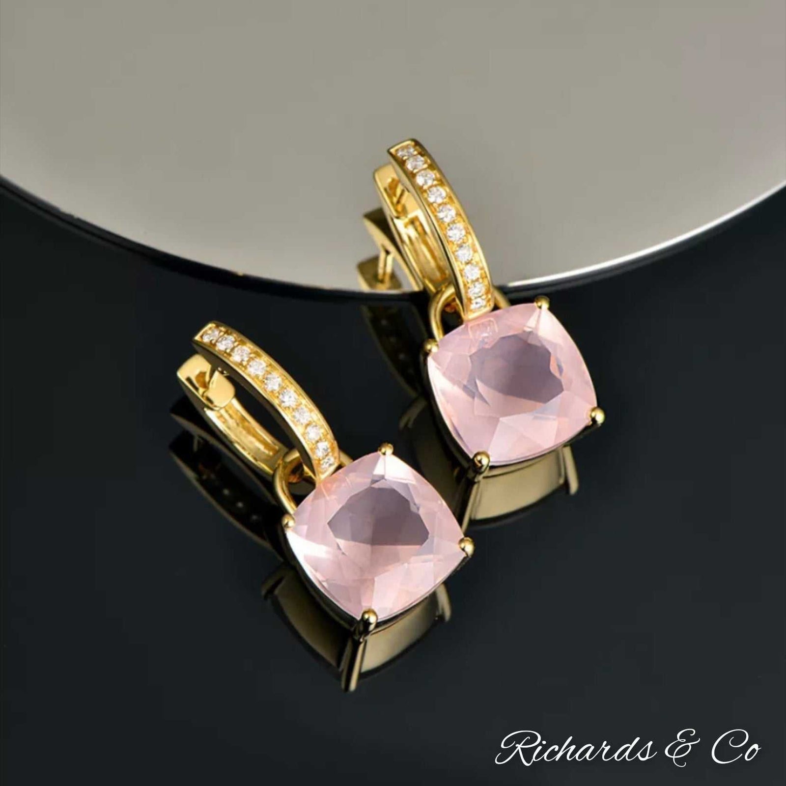 NANCY Rose Quartz and Diamond Drop Earrings in 14K yellow gold with cushion-cut pink rose quartz and pavé diamonds
