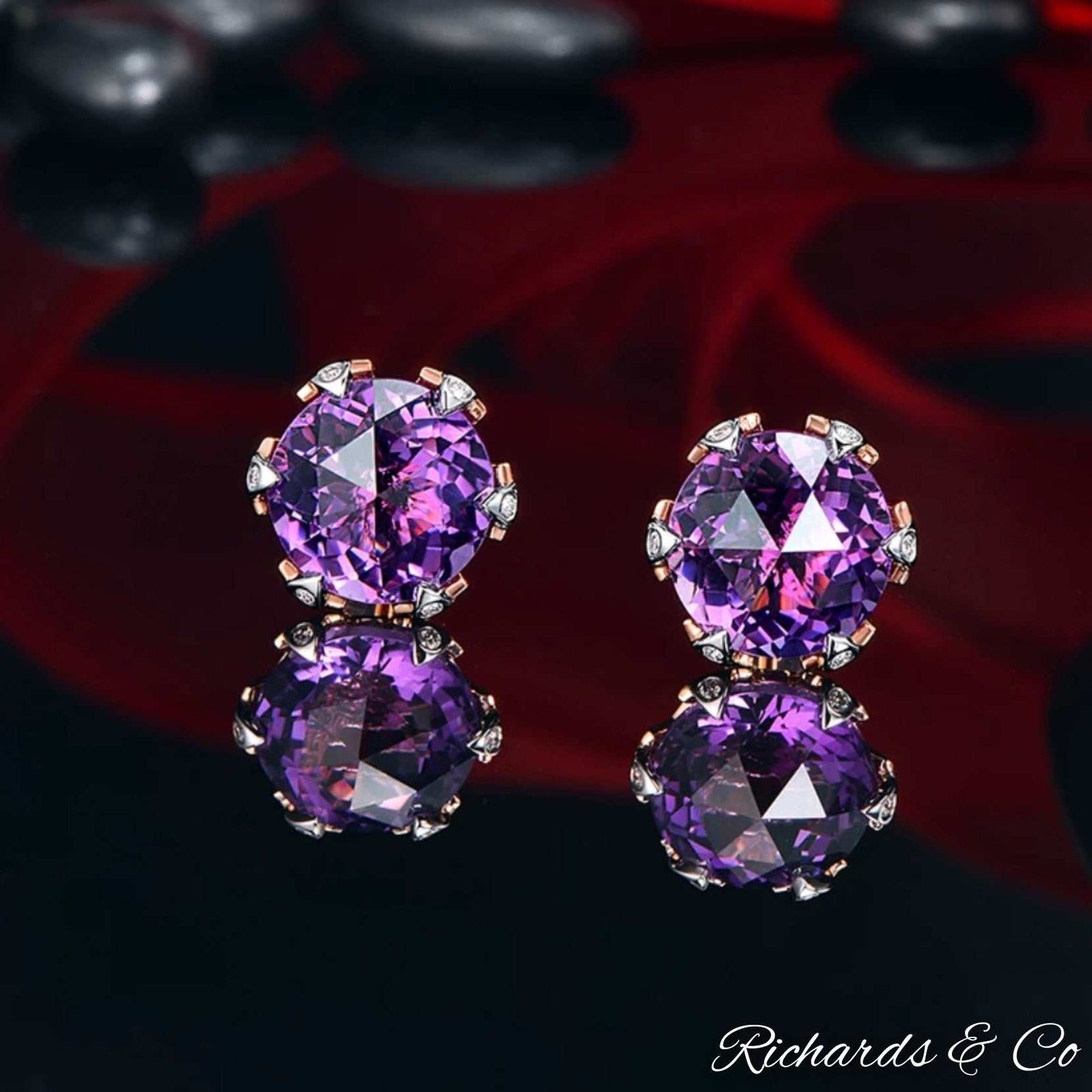 ZARA purple amethyst and diamond rose gold stud earrings round classic design natural gemstones handcrafted jewelry