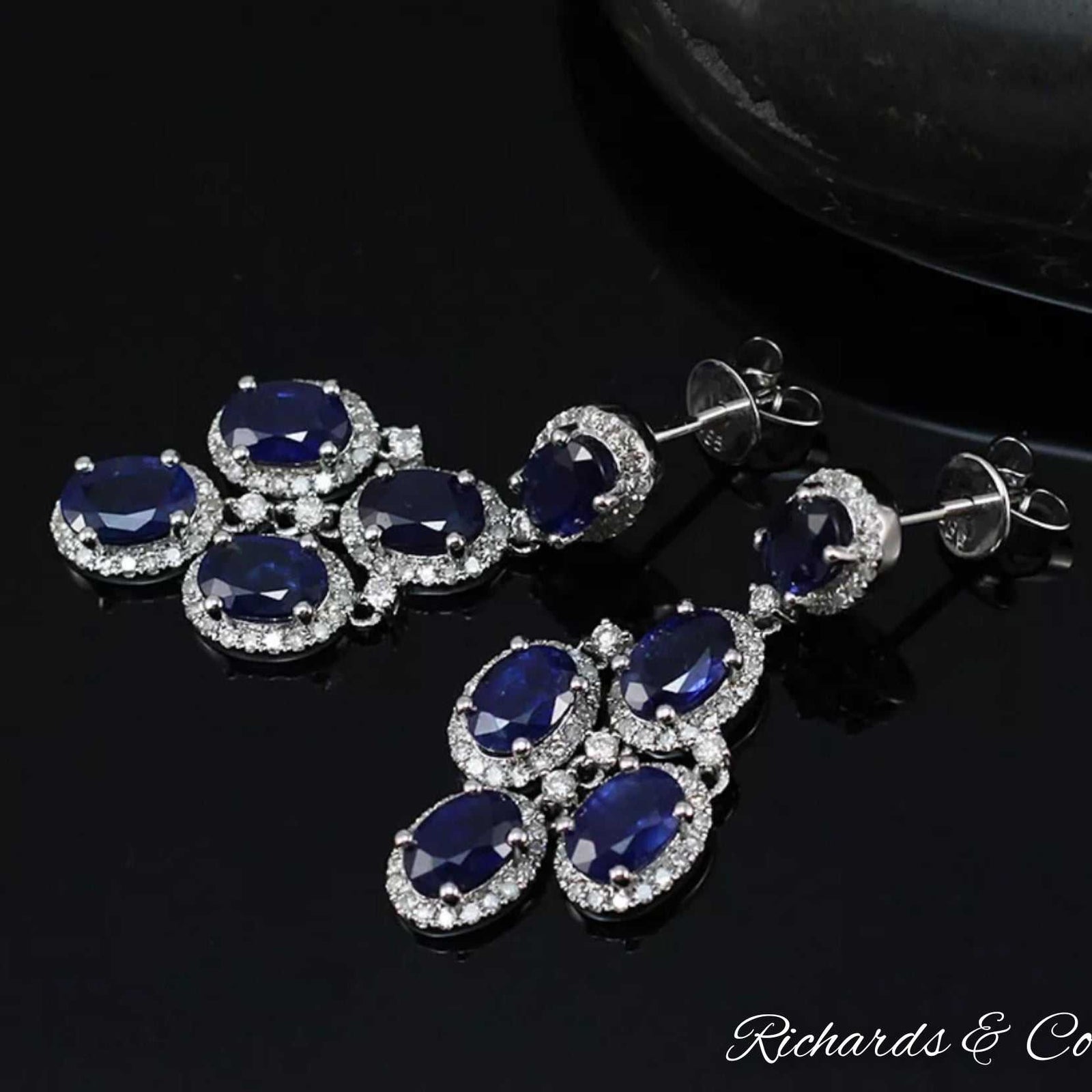 ELEANOR sapphire and diamond drop earrings in 14K white gold with oval natural sapphires and round diamonds