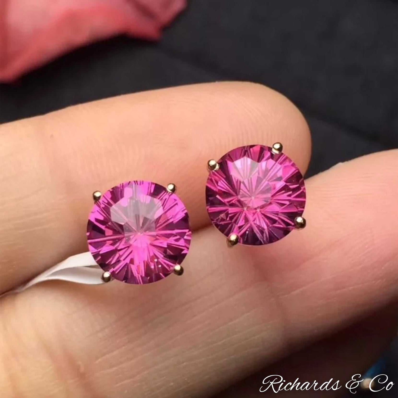 Natural Pink Topaz round stud earrings set in 18k rose gold prong setting