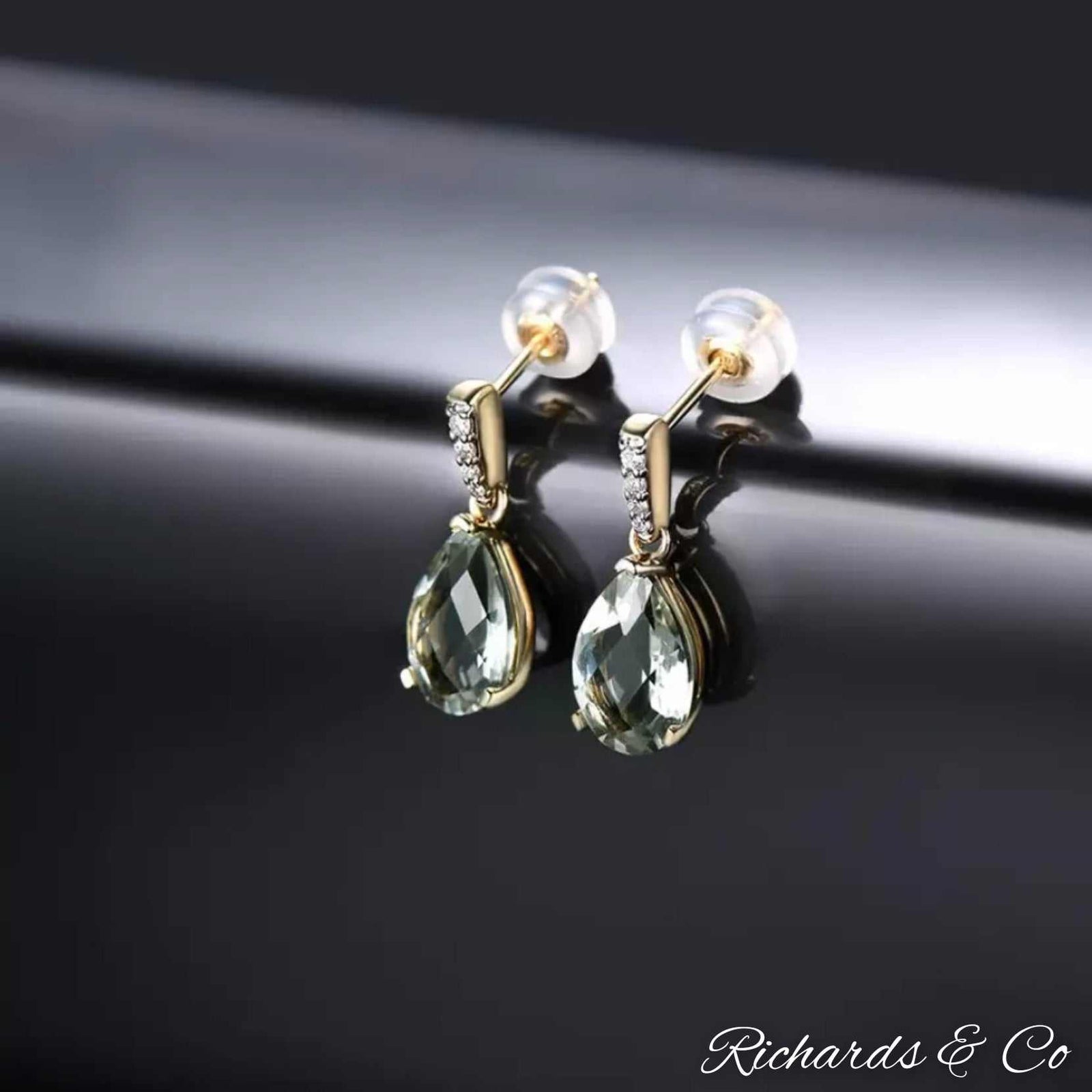 Good Fortune COLLECTION green amethyst and diamond pear drop earrings set in 14k yellow gold