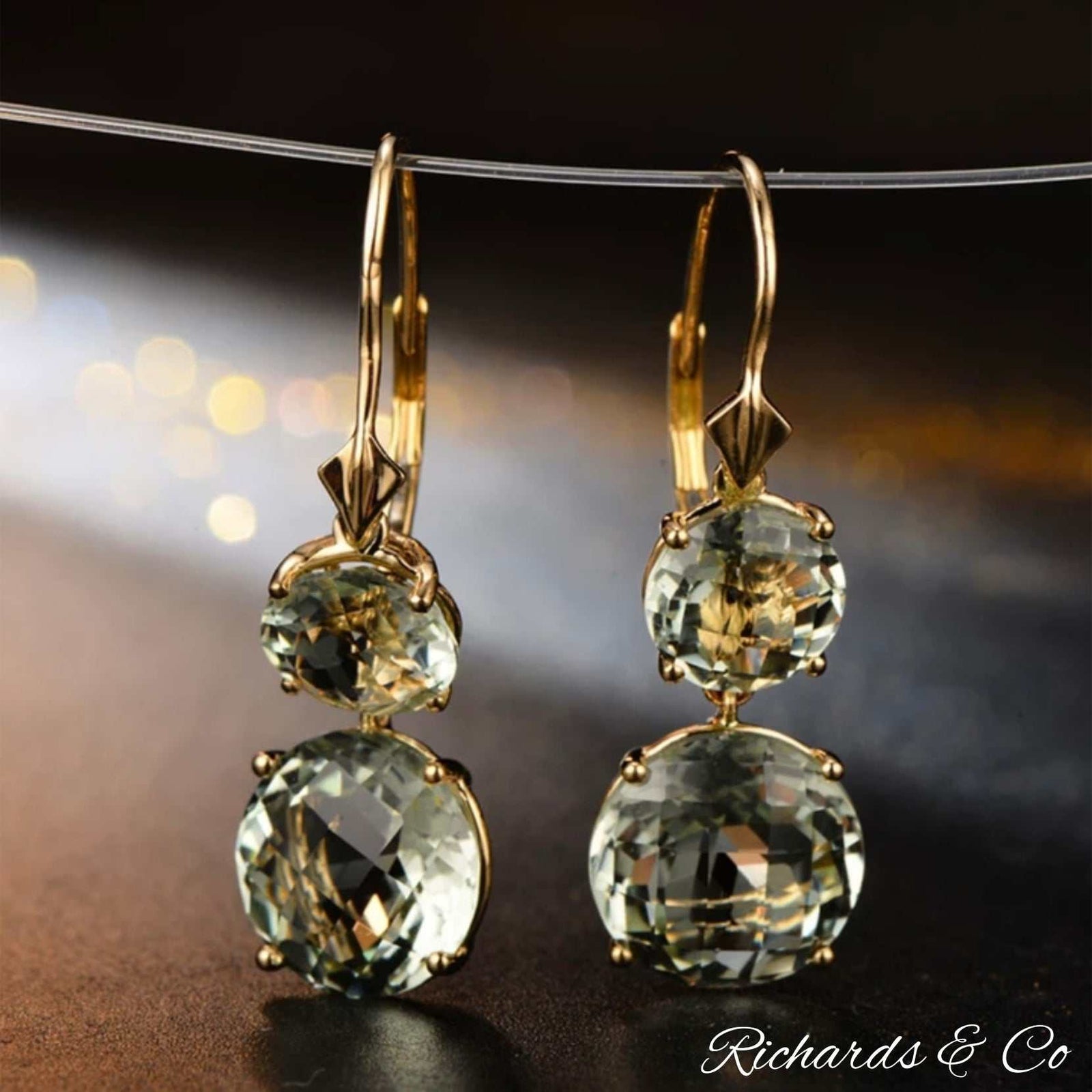 Good Fortune green amethyst drop earrings in 14K yellow gold with round cuts, elegant fine jewelry