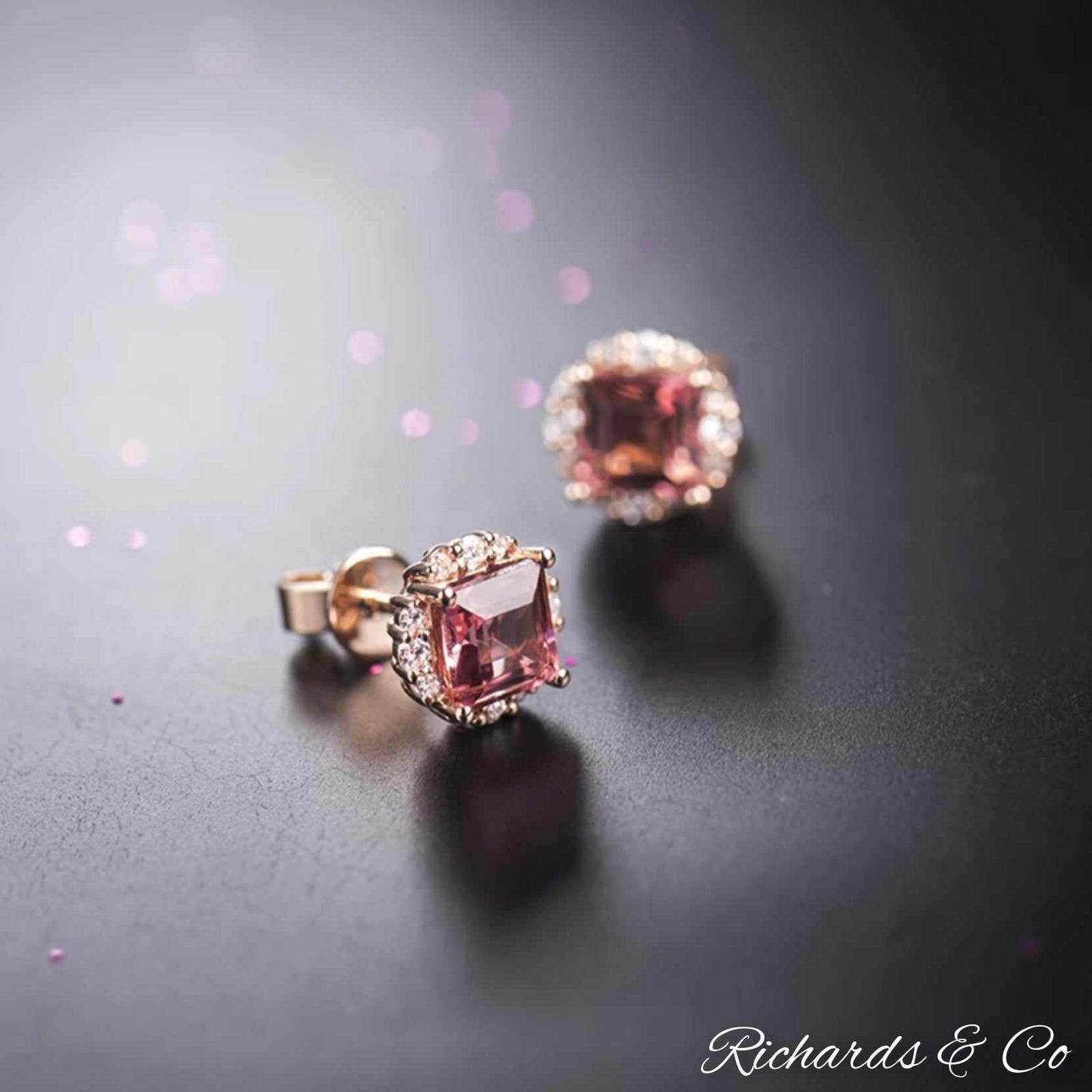 Natural pink tourmaline princess cut stud earrings in 18K rose gold with diamond halo