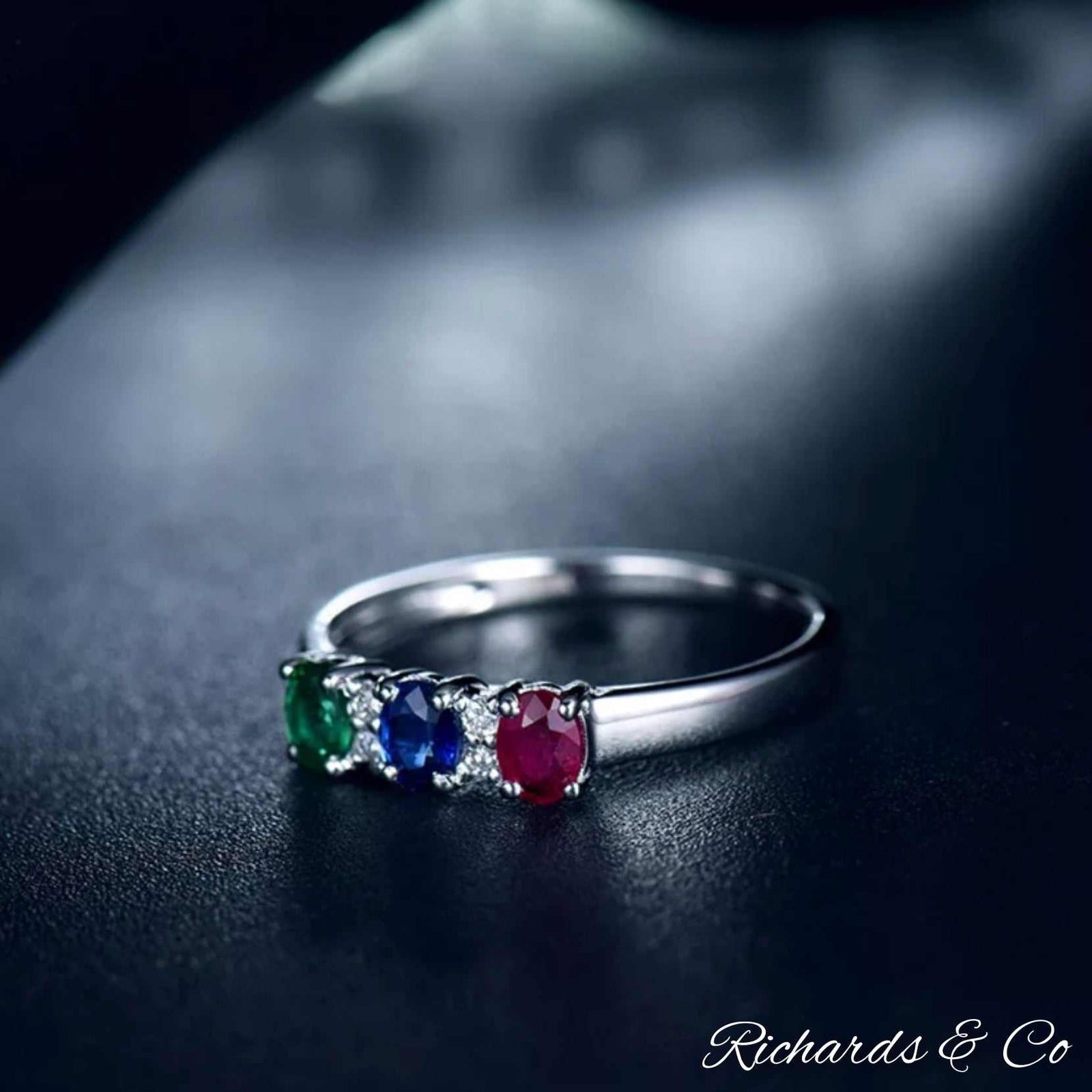 Enchanted Ring with emerald, sapphire, ruby gemstones set in 14K white gold with diamond accents