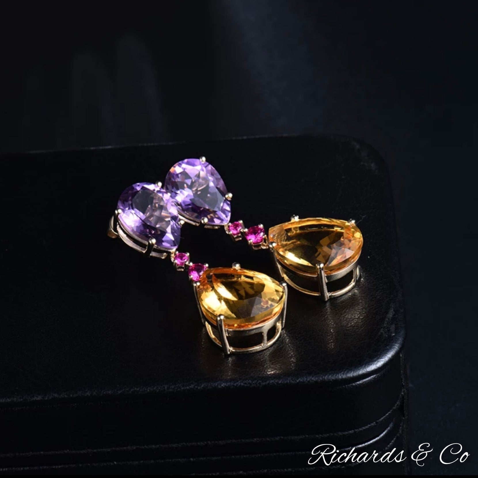 SASHA - Earrings / Amethyst Citrine & Ruby Yellow Gold Drop