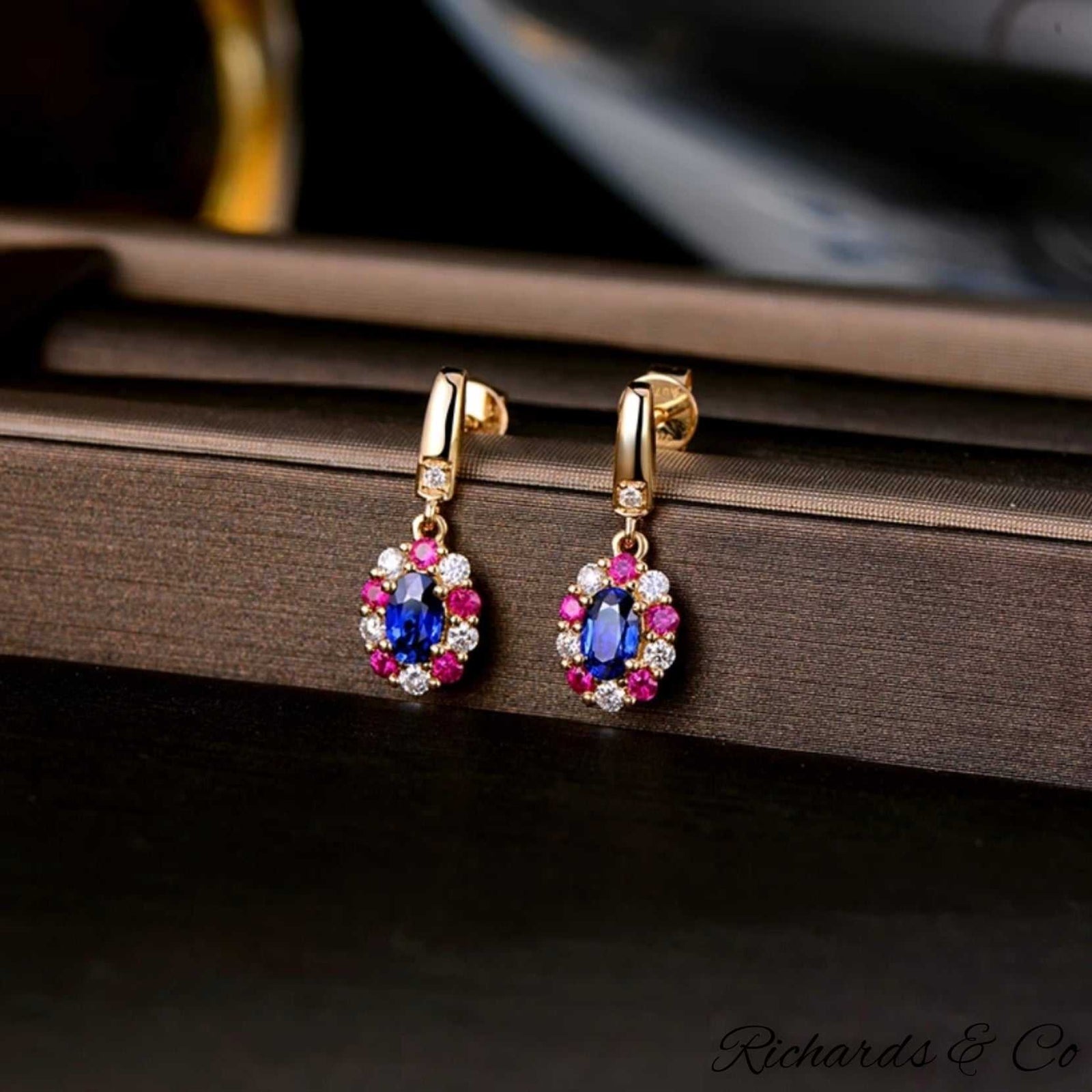 ESTELLE Sapphire drop earrings with blue sapphires, rubies, diamonds in 14K yellow gold