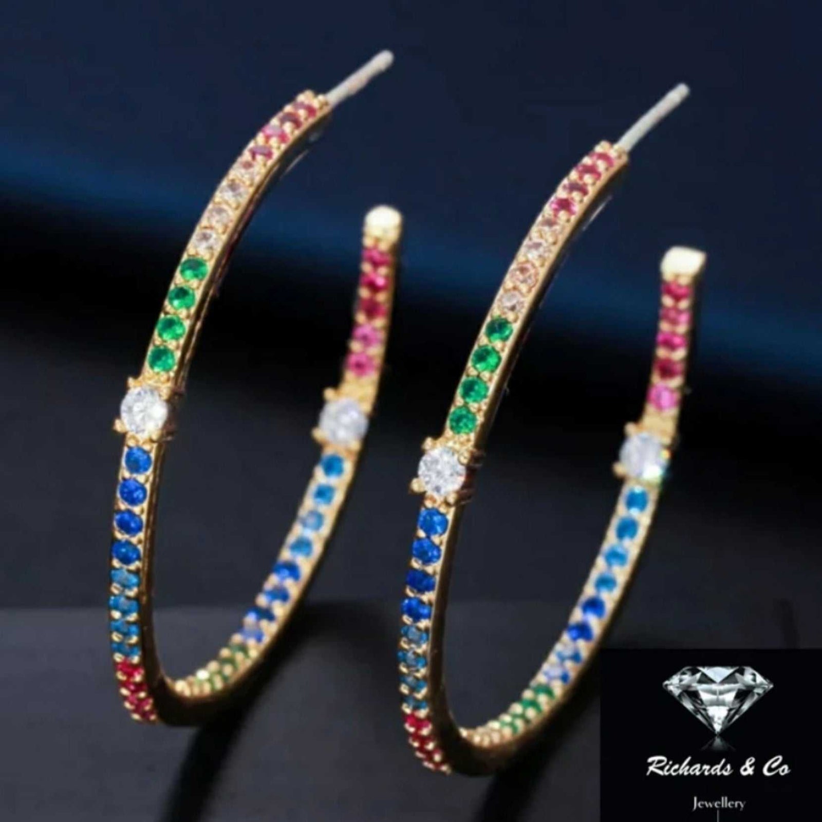 Gold plated rainbow hoop earrings with multicolored spinel stones and zirconia accents