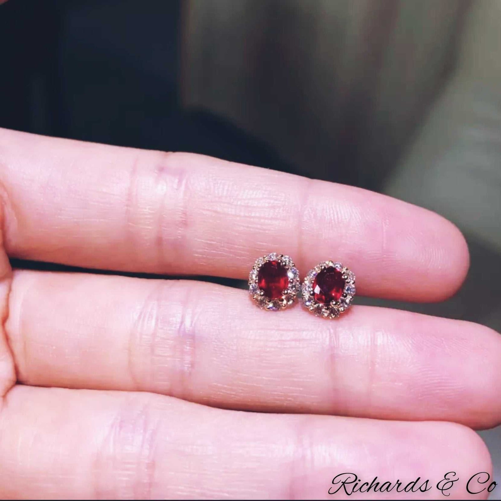 KATE Earrings featuring natural pigeon blood ruby studs surrounded by diamond halos in 18K yellow gold