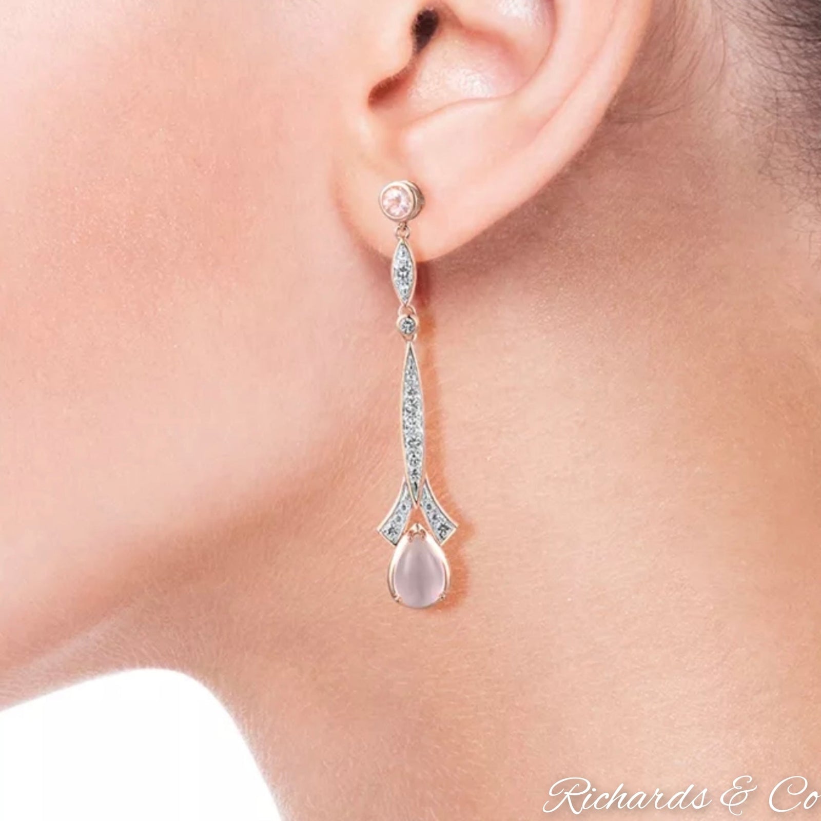 SOPHIE Earrings long drop design with white topaz and pink quartz in 14k rose gold