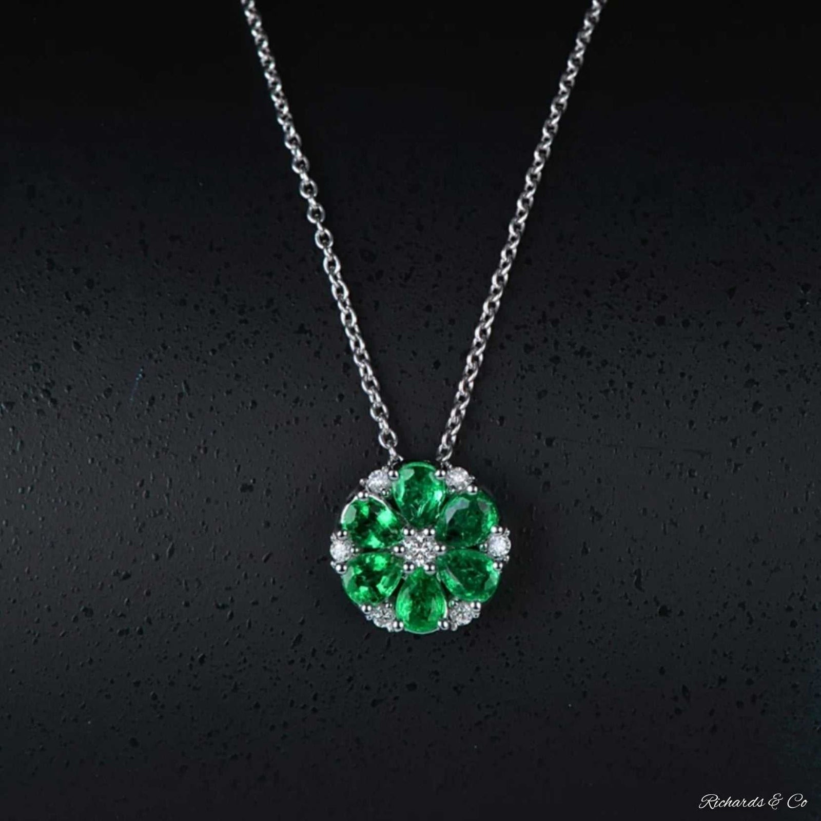 LUCY Collection emerald and diamond flower necklace in 14k white gold