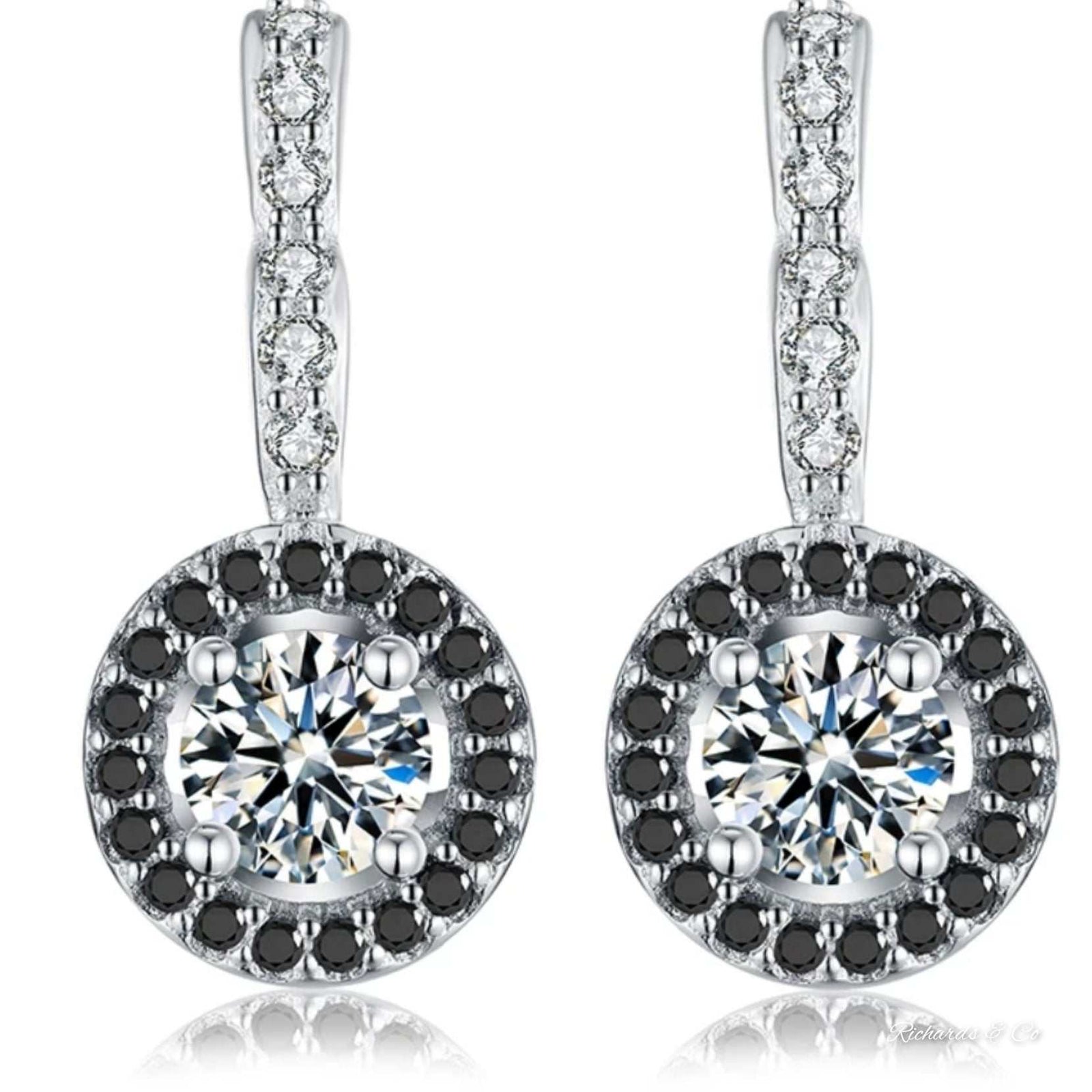 BLACK BEAUTY - Collection dangle hoop silver earrings with black and white zirconia stones, vintage style, handcrafted jewelry