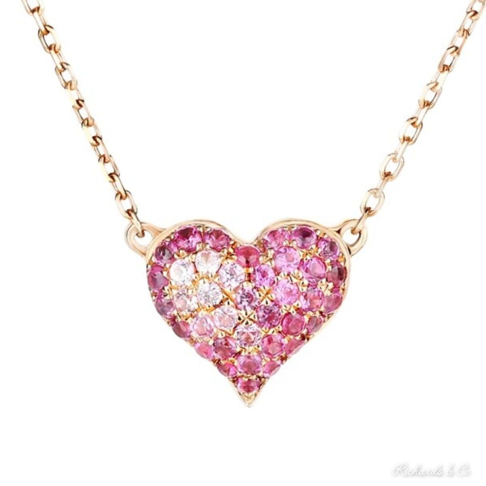 MOLLY Pink Sapphire heart necklace in 18k rose gold with pave setting and link chain