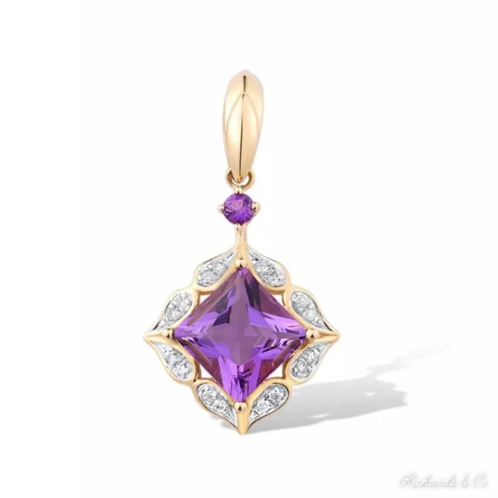 14k gold amethyst necklace pendant with diamonds in art deco design
